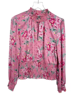 Wayf blouse women's large smocked high neck satin floral balloon sleeve pink thumbnail 1