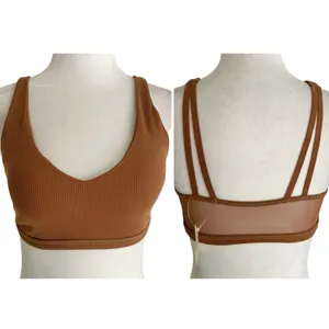 New Aerie Offline Ribbed Plunge Double Strap Mesh Back Sports Bra Brown Size Small thumbnail 3