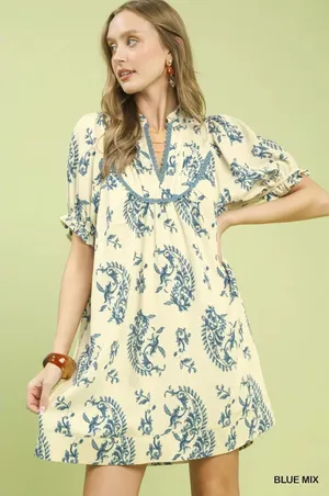 Umgee Mix Paisley Scallop Trim Dress - Blue Mix - Small thumbnail 1