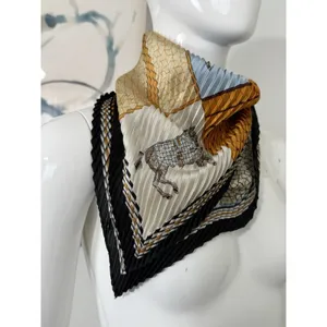 ⁠Vintage Pleated Scarf Equestrian Horse Print Gold Blue Yellow Square Neck Wrap⁠ thumbnail 4