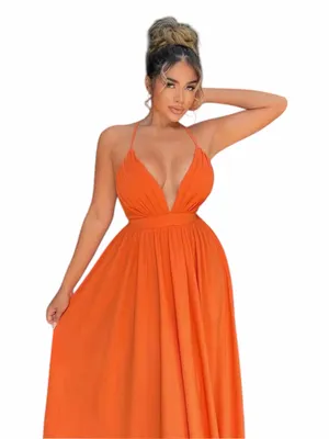 SHEIN SXY Halter Neck Maxi Dress in Orange Size Small NEW thumbnail 1