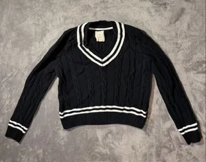 Hope & Henry Women's L Black White Cable Knit V-Neck Sweater Organic Cotton #170 thumbnail 2