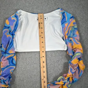 Tiger Mist Graffiti Bolero Ruched Long Sleeve Sz Medium Blue Orange Purple Mesh thumbnail 5