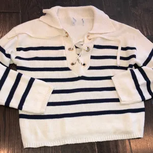 Blue and white striped knit sweater lace up size small thumbnail 1