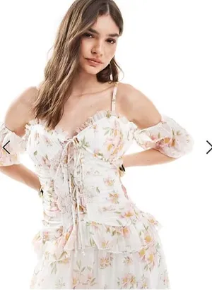 ASOS DESIGN lattice bodice bardot sleeve frill midi dress in floral print thumbnail 1
