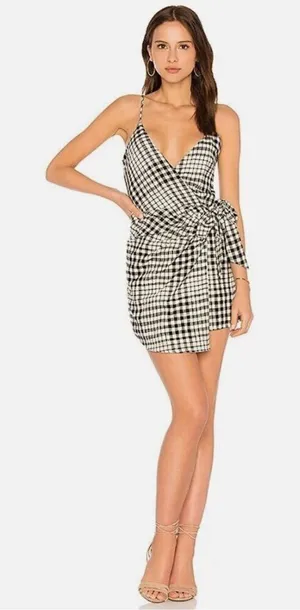 Free People Womens Size 0 Nodia Gingham Check Wrap Mini Dress Black White Cotton thumbnail 1