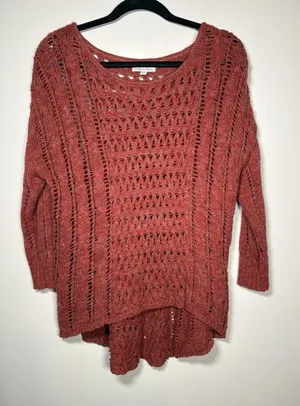 AMERICAN EAGLE Open Knit Crochet High‎ Low Sweater Size Medium Burnt Orange Y2K thumbnail 1