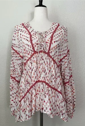 Miss Me Boho Woven Pointelle Lace Up Dolman Sleeves Peasant Top, Sz Medium thumbnail 1
