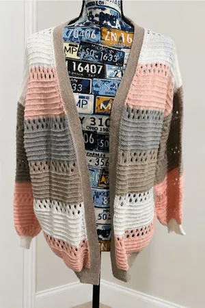 Open-Front Striped Pointelle Knit Cardigan - Pink, White, Taupe thumbnail 1