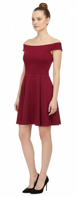 Social Couture Wine Red Boat Neck A Line Mini Dress, L thumbnail 1