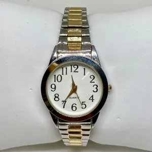 Women’s quartz analog watch gold silver tone 28mm stretch band 6.5” running thumbnail 1
