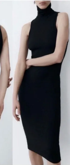 Zara Black Ribbed Knit Mock‎ Neck Sleeveless Bodycon Midi Dress Size Small thumbnail 1