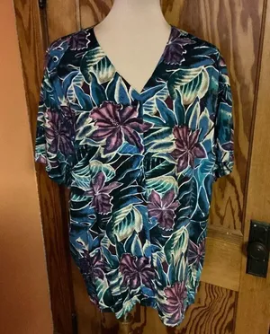 Vtg 80s Bright Tropical Flowers Blouse Blue Size L thumbnail 5