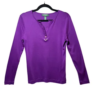 Lauren Ralph Lauren Purple‎ Long Sleeve Split Neck Top Gold Hardware Cotton Med thumbnail 1