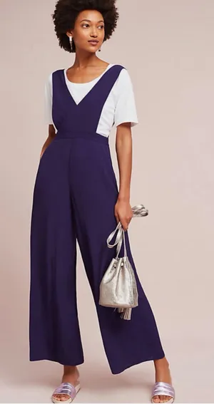 Anthropologie Maeve Apron Linen Wide Leg Jumpsuit in Purple thumbnail 1