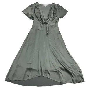 Baltic Born Poppy Satin Midi Dress Dark Sage Green V-Neck Peek Tie Front Size L thumbnail 16