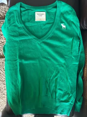 Abercrombie & Fitch Women’s V-Neck Sweater in Bright Green with White Moose thumbnail 1