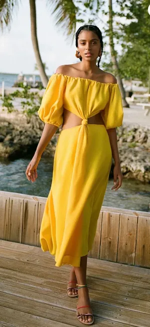 FARM Rio Puff Sleeve Knotted Maxi Dress Yellow Size XS thumbnail 1