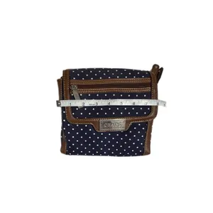 Chaps Navy Blue Polka Dot Crossbody Bag Brown Trim Canvas Small Messenger Purse thumbnail 7