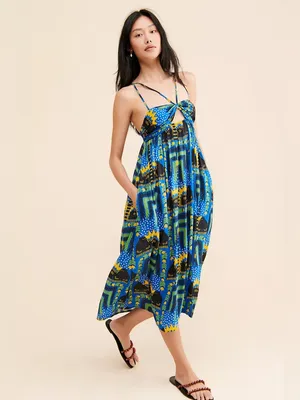 Antrhopologie Incerti midi dress small bandeau strappy blue black cat print thumbnail 2