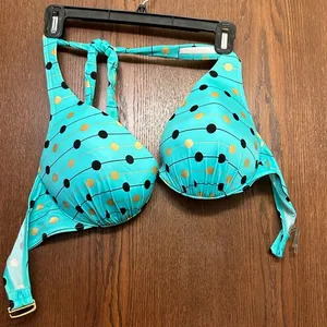 Turquoise bikini top with black and gold polka dots Victoria’s Secret thumbnail 1
