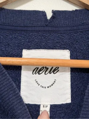 Aerie Crewneck Sweatshirt Size Small Oversized Navy Blue Terry Chill thumbnail 3