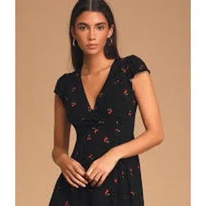 Lulus Mini Dress Women Medium Black Cherry Print Cherish‎ You Surplice Flutter thumbnail 3