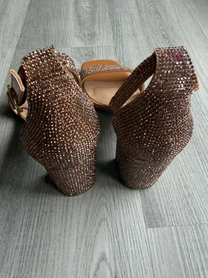Rhinestone Block Heel Sandals Ankle Strap Brown Nude Sparkly Dress Heels thumbnail 3