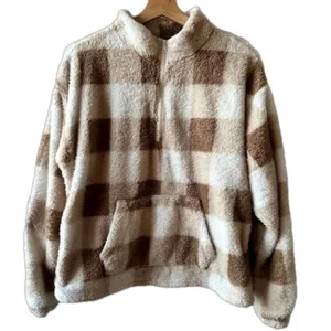 Forever 21 Tan Plaid Sherpa Medium Half Zip Pullover Teddy Bear Fleece Gingham thumbnail 1