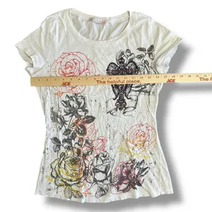 Y2K Graphic Rose Cross Tee‎ Appropriate Behavior White Distressed Glitter S/M thumbnail 3