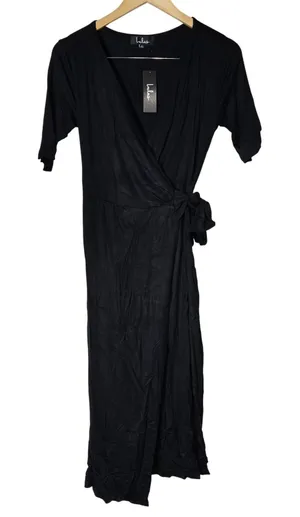 Lulus Black Wrap Midi Dress Short Sleeve V-Neck Style 67706 Size Medium NWT thumbnail 1