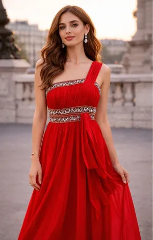 FabuLuxe Couture Red One-Shoulder Beaded Evening Gown Size Large Hand Beaded thumbnail 1