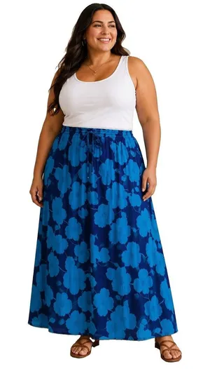 Plus Size Blue Floral Maxi Skirt Crinkle Drawstring Boho Coastal Vacation OSP thumbnail 1