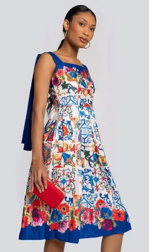 Dalia Macphee Floral Mosaic Tile Print Sleeveless Shoulder Tie Dress Pleat Skirt thumbnail 1