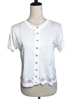 Vintage White Floral Embroidered Short Sleeve Cardigan Sweater Cottagecore Small thumbnail 1