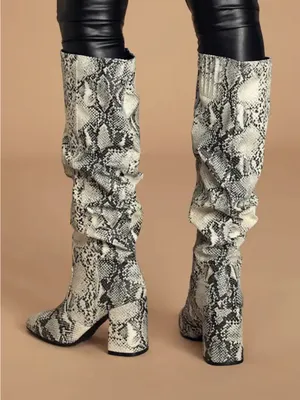 Lulu's White and Black Snake-Print Slouchy Block Heel Boots thumbnail 4