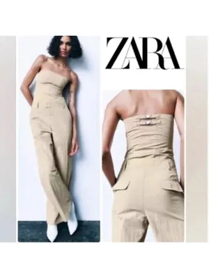 Zara Strapless Jumpsuit Off The Shoulder Wide Leg Khaki Size S Blogger Fav New thumbnail 2