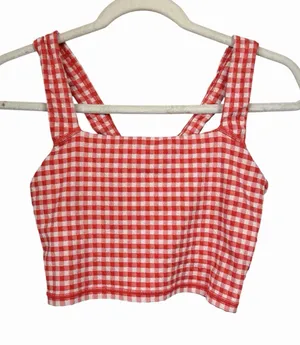 OFFLINE by Aerie Womens Sz M Red Gingham Seersucker Crop Top V Back Built In Bra thumbnail 1