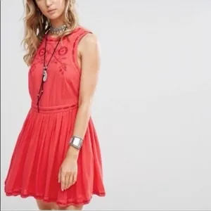 Free People Red Birds of a Feather Embroidered Mini Dress 12 Boho Folk Romantic thumbnail 2