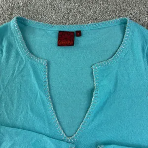 Bohemian‎ Turquoise Cashmere Sweater Spit V Neck Whipstitch Trim Women M Coastal thumbnail 10