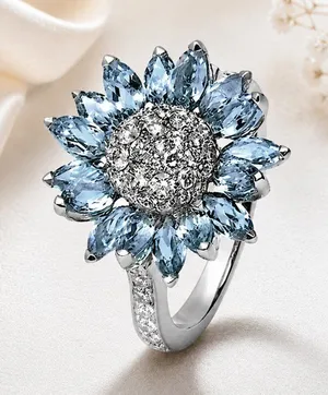 Sunflower Statement Ring Blue CZ Crystal Petals Silver Tone Size 10 NWT thumbnail 1