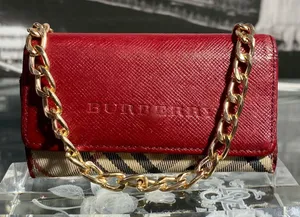 Authentic Rare Burberry Red Leather Nova Check Key Case thumbnail 1