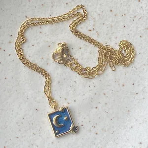 Handmade gold stainless steel blue celestial whimsical chic moon necklace🌟 thumbnail 6