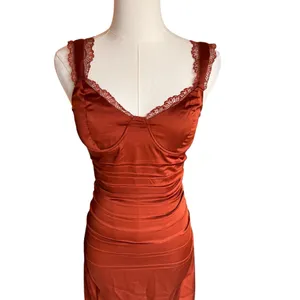 ASTR the Label - Alva Ruched Lace Trim Midi Slip Dress Rust Satin Sz XS thumbnail 4