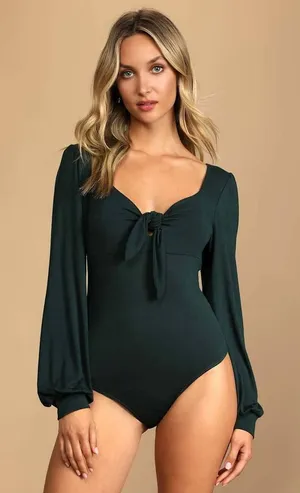 Lulus NWT 39R Forest Green Sweetheart Tie Front Long Bishop Sleeve‎ Bodysuit M thumbnail 1