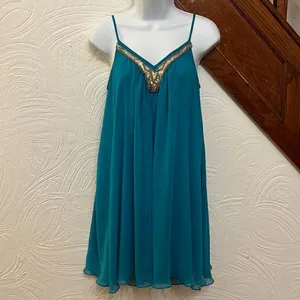 Express Babydoll Dress Womens Teal Blue Sequin Beaded V-Neck‎ Chiffon Small thumbnail 2