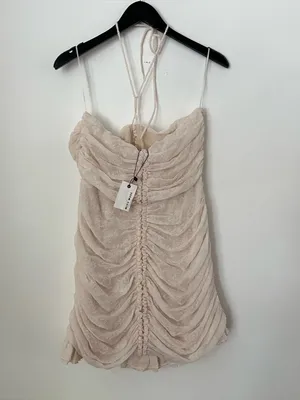 Miou muse ruched ruffle halter neck mini dress off white cream textured coquette thumbnail 4