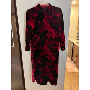 Red Black Floral Velvet Qipao Mandarin Collar Midi Dress Long Sleeve One Size thumbnail 2