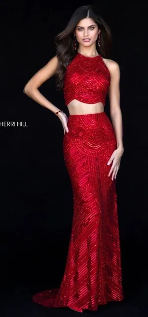 Sherri Hill 52063 Red Two Piece Sequin Prom Gown NWT‎ Size 6 $598 thumbnail 1