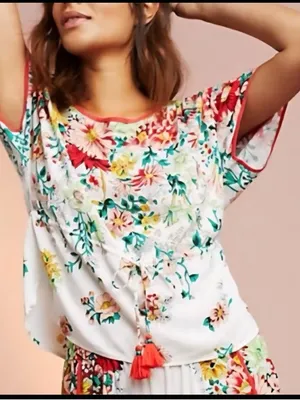 Anthropologie springtime floral sleep top tassel tie waist dolman sleeve top M thumbnail 1